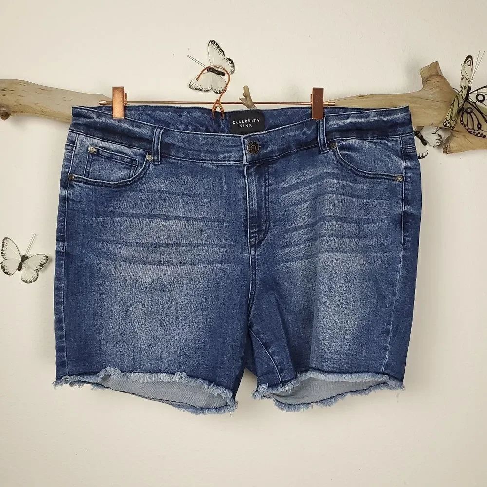 Celebrity pink distressed denim shorts blue